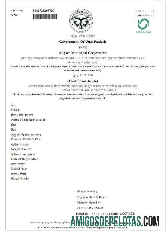 Certidão de Óbito da Corporação Municipal de Aligarh da Índia exemplo